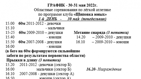 ГРАФИК И ПОЛОЖЕНИЕ о проведении Областные соревнований по лёгкой атлетике