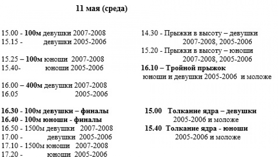 Уточненный График соревнований на 11-12 мая